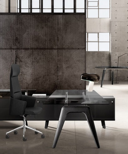 Reine 1 – Glass Top Executive Desk with A Leg & Optional Credenza Unit