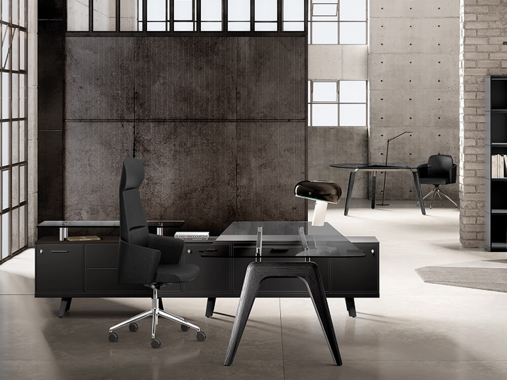 Reine 1 – Glass Top Executive Desk with A Leg & Optional Credenza Unit Main img