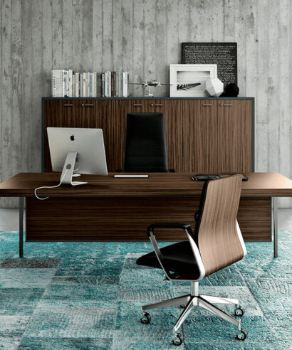 Xandy - Sleek Executive Desk in Wood Veneer with Leather Inlay, Modesty Panel, Return & Credenza Unit