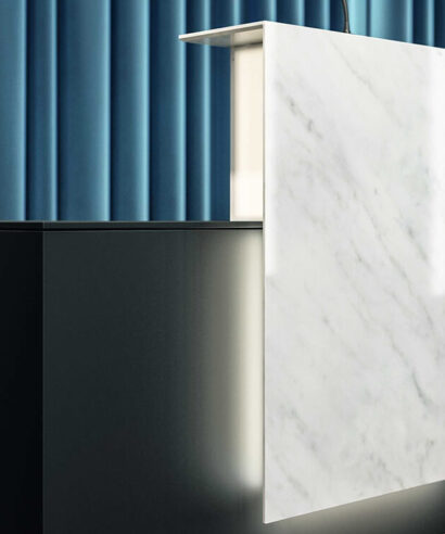 Lenny 1- Reception Desk with Printed Glass Overhang Panel 11 img