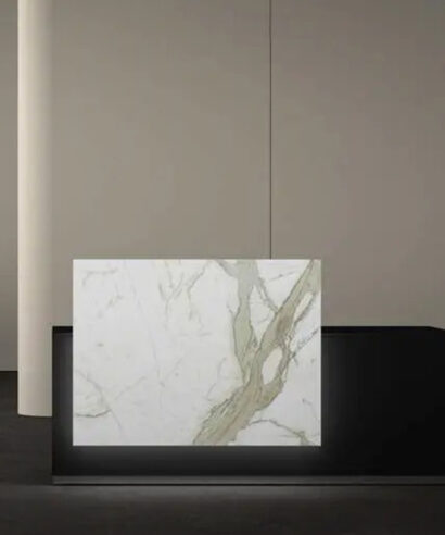 Lenny 1- Reception Desk with Printed Glass Overhang Panel Main img
