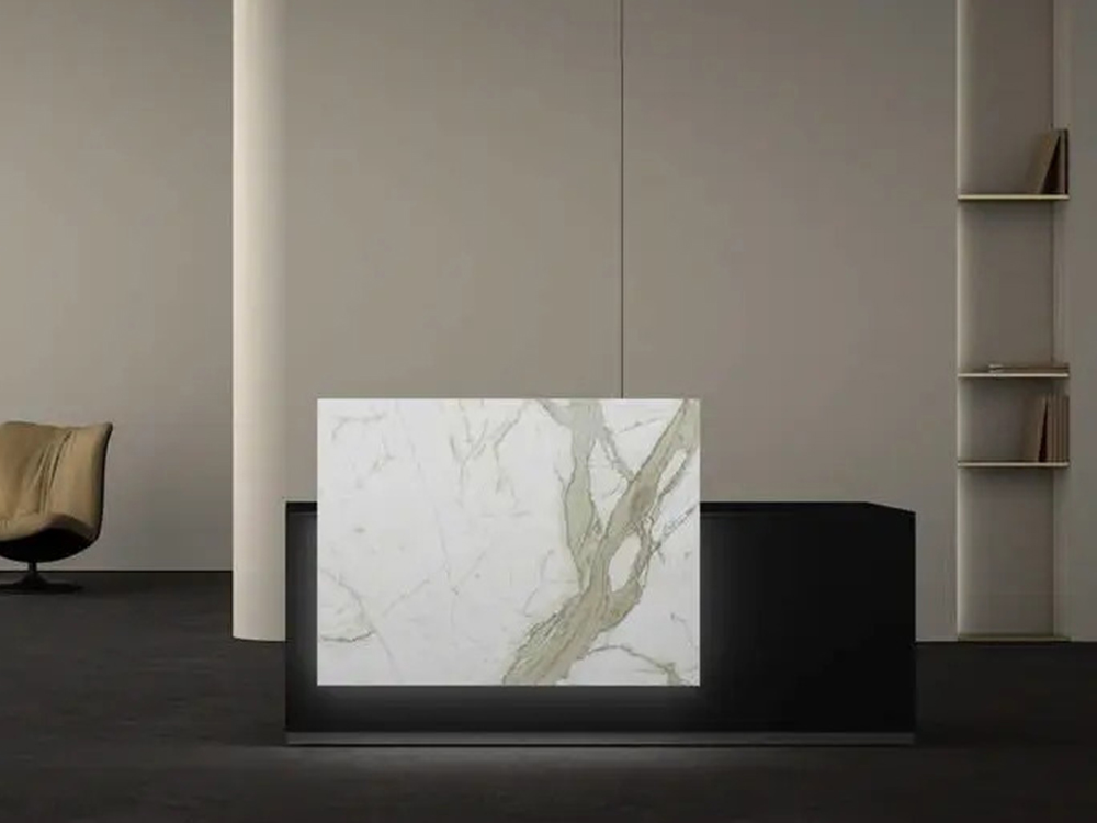 Lenny 1- Reception Desk with Printed Glass Overhang Panel Main img