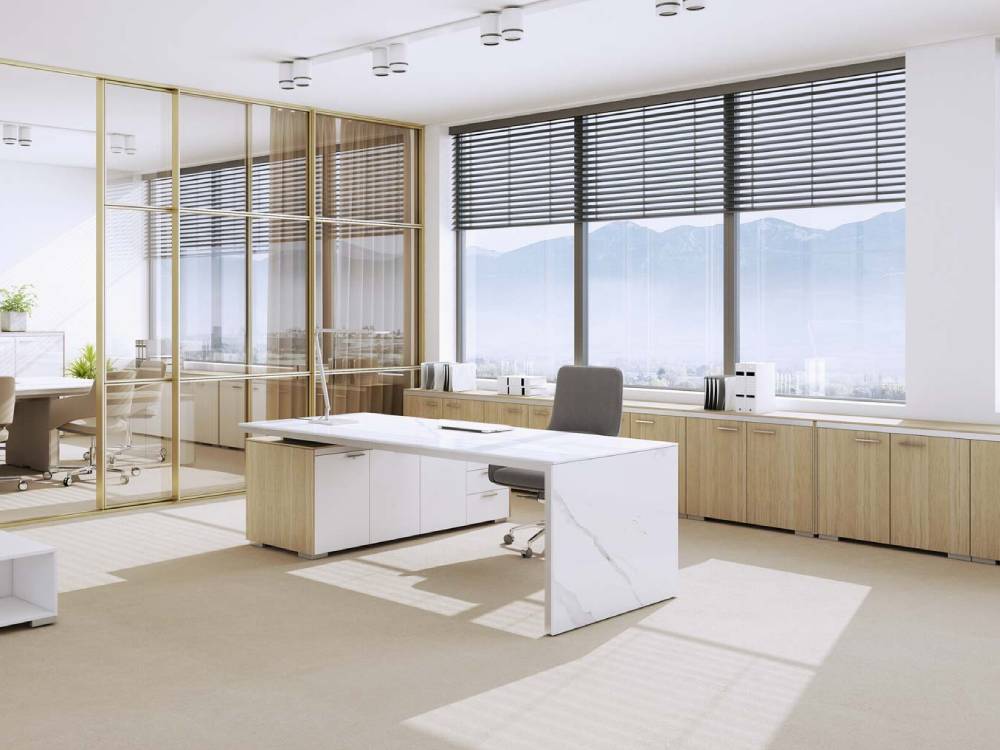 Arena - Marble Slab Leg Executive Desk with Glass and Leather Optional Credenza Main Img Arena Marble Slab Leg Executive Desk with Glass and Leather Optional Credenza Main Img