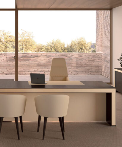 Belle – Slab Leg Wood Veneer Executive Desk with Optional Return Unit and Credenza Unit
