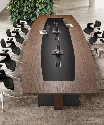 Osento - Barrel Shaped Meeting Room Table with Modesty Panel and Optional Leather Insert
