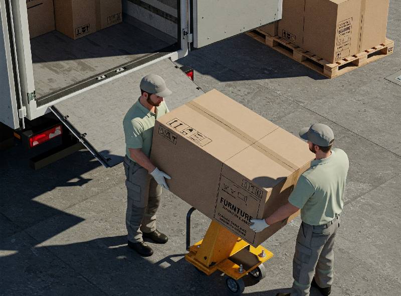 Delivery team unloading a large furniture box from a truck using lifting equipment for safe handling.