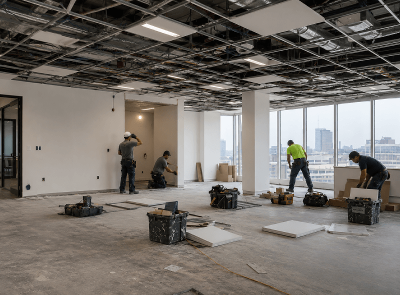 Premium office flooring and ceiling upgrades featuring suspended ceilings, quality flooring, LED lighting, and modern commercial office interiors.