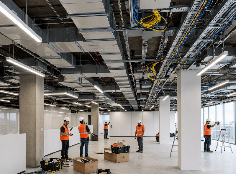 Professional mechanical, electrical and data infrastructure installation supporting office refurbishment with integrated workplace services.